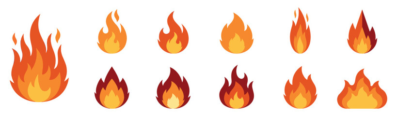 Set of fire icons. Flame design of different shapes. Bonfire images. Vector Illustration. EPS 10