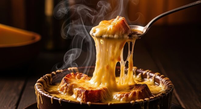 Traditional french onion soup with melted cheese on croutons steaming hot dish