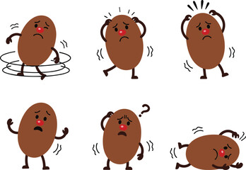 Cute sick cartoon character set showing dizziness, confusion, headache, weakness, nausea, and unwell symptoms, expressive emotional illustrations for health concepts