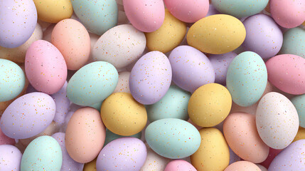 Colorful easter eggs in pastel shades scattered on a flat surface