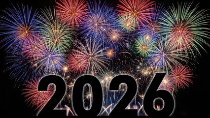 Vibrant fireworks illuminate the night sky celebrating the arrival of the new year 2026.