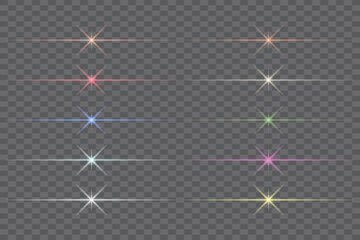 Collection of eight lens flares and light effects isolated on transparent background