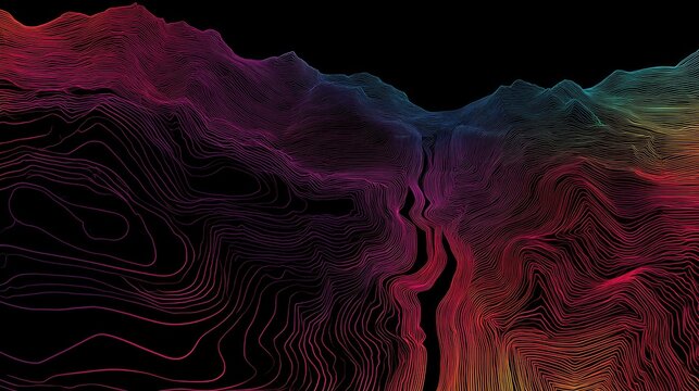 Innovation and Business Growth visualized through abstract topographic lines with vibrant magenta to teal gradient on dark background.