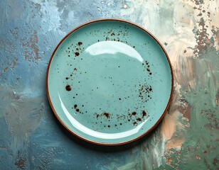 Turquoise ceramic plate on a textured artistic background showcasing culinary art
