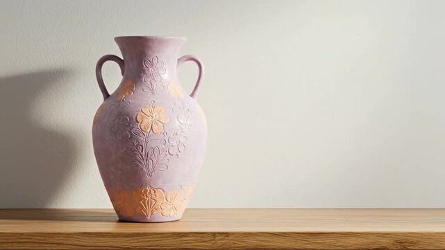 Elegant light purple vase with embossed floral patterns on wooden shelf