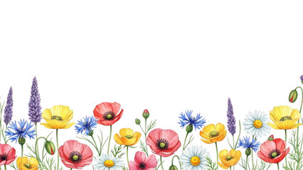 Watercolor wildflowers border with poppies daisies and cornflowers isolated on transparent background