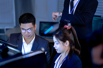 Deep code focus. Developers working late debugging software script visible on screen collaborative coding session in progress intense tech teamwork dev life revealed.