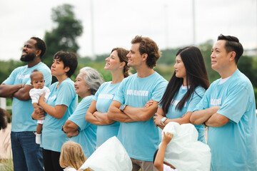 Teamwork meeting, volunteer charity people. charity community service event, ngo business and outreach, Group Diverse people meeting at park for donation