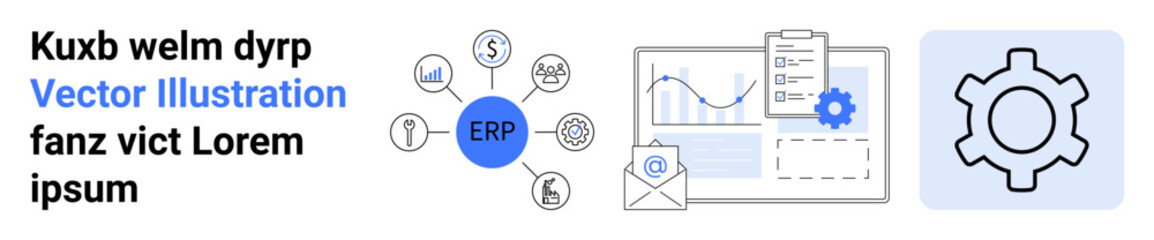 ERP system diagram with related icons, gear for settings, and charts showing data analytics trends. Ideal for business, efficiency, process, analytics, software, system simple landing page