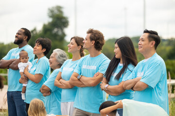 Teamwork meeting, volunteer charity people. charity community service event, ngo business and outreach, Group Diverse people meeting at park for donation