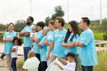 Teamwork meeting, volunteer charity people. charity community service event, ngo business and outreach, Group Diverse people meeting at park for donation
