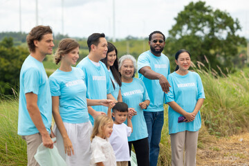Teamwork meeting, volunteer charity people. charity community service event, ngo business and outreach, Group Diverse people meeting at park for donation
