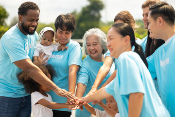volunteer Community unity through diverse hands coming together. volunteer charity people. charity community service event, ngo business and outreach, Group Diverse people meeting at park for donation