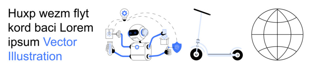 Artificial intelligence, smart transportation, global communication, technology connectivity, digital security, future mobility. Robot surrounded by icons, an e-scooter and a globe. AI and smart