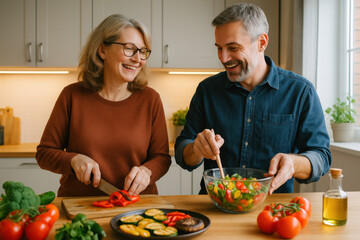 Joyful couple prepares a vibrant salad together, sharing laughter and healthy eating in their cozy kitchen, promoting wellness and connection