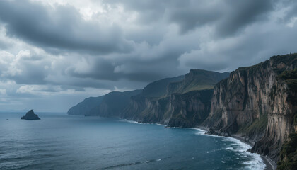 Overcast coastal cliffs and ocean view with distant island