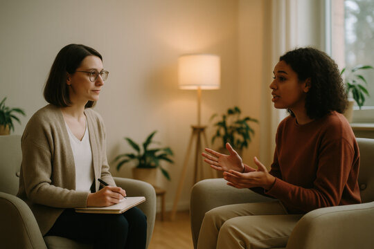 Empathetic therapist listens attentively as client shares feelings, providing support and guidance in a warm, inviting office setting for mental wellness - Powered by Adobe