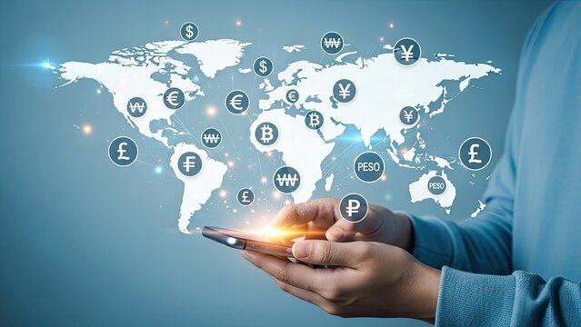 Global finance and currency exchange concept with a person holding a smartphone and world map overlay