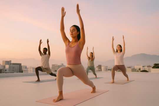 Find inner peace with yoga at sunrise in the city, wellness group practice, serene rooftop class, mindful lifestyle, balance and healthy living concept