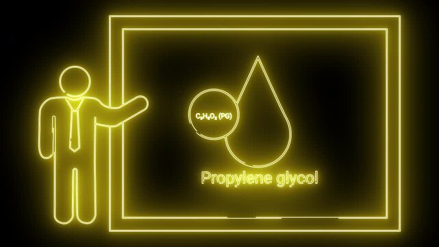 Neon yellow depiction of propylene glycol with chemical structure drop  presenter set against a black background