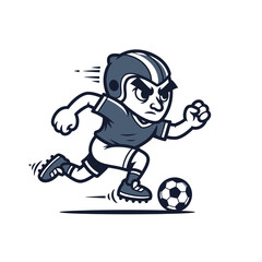 A retro cartoon mascot of a determined boy in a helmet running with a soccer ball.
