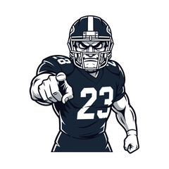 Cartoon American football player pointing forward, wearing helmet and jersey.