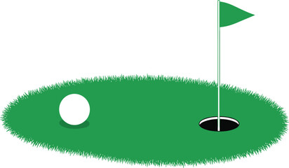 Golf putting green illustration with golf ball, flagstick, hole, grassy surface, sports design artwork for game, training, outdoor activity themes