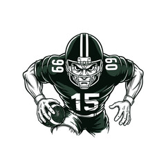 Aggressive American football player in dark green uniform running with the ball, intense expression, dynamic illustration.