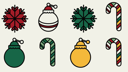 Festive Christmas icons arranged in a grid pattern, featuring snowflakes, ornaments, and candy canes in various colors.