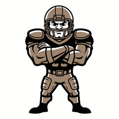 Cartoon illustration of a strong American football player mascot with crossed arms and a determined expression.