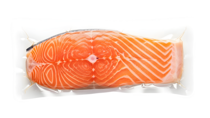 Fresh raw salmon fillet vacuum-sealed, ready for cooking, perfect for gourmet meals and healthy eating recipes, a vibrant food ingredient, isolated on white or transparent background. PNG