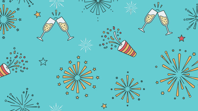 Festive illustration of champagne glasses clinking, confetti, and fireworks.