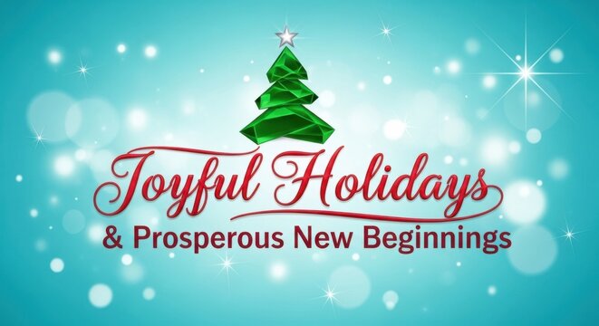 Joyful holidays and prosperous new beginnings greeting card design with a green christmas tree and sparkling background