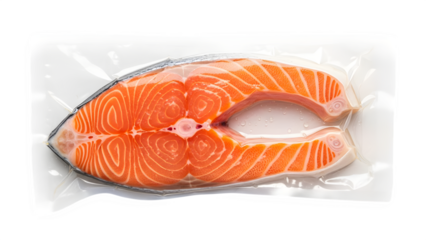 Fresh raw salmon fillet vacuum-sealed, ready for cooking, perfect for gourmet meals and healthy eating recipes, a vibrant food ingredient, isolated on white or transparent background. PNG