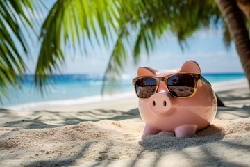 Piggy bank wearing sunglasses relaxing on tropical beach under palm tree
