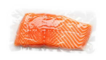 Fresh raw salmon fillet vacuum-sealed, ready for cooking, perfect for gourmet meals and healthy eating recipes, a vibrant food ingredient, isolated on white or transparent background. PNG