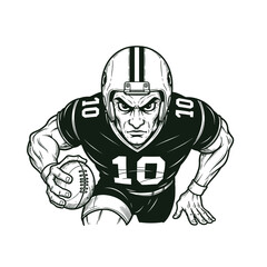 Monochrome illustration of an aggressive American football player running with the ball, wearing a helmet and number 10 jersey.