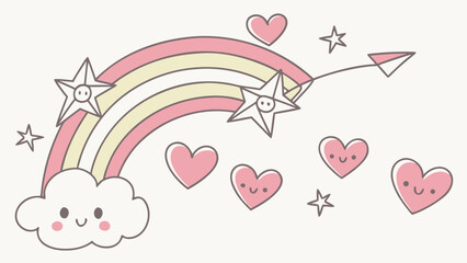Illustration of a rainbow with a cloud stars hearts and a paper airplane in pastel colors style drawing