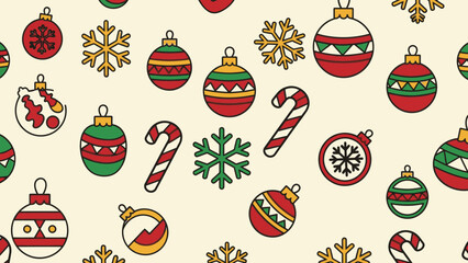 Festive Christmas ornaments and candy canes arranged in a repeating pattern, holiday themed.
