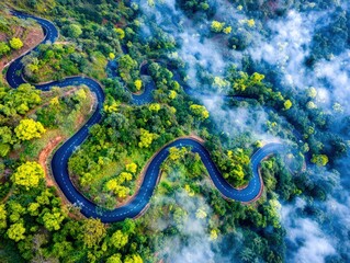 A winding road cuts through a dense forest, offering a scenic mountain drive.