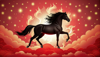 A majestic black stallion strides confidently across a whimsical landscape of swirling red and orange clouds, illuminated by a backdrop of golden stars and ethereal swirls