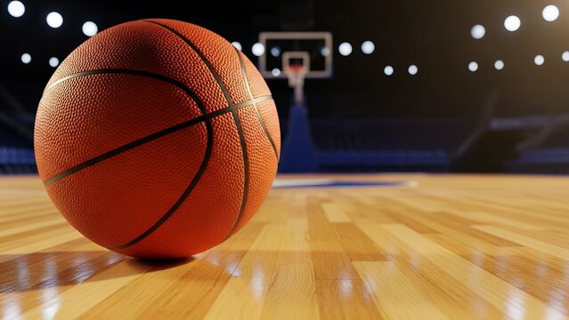 A professional orange basketball sits on a gleaming hardwood court with the hoop blurred in the background