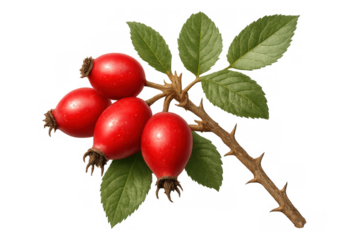 Rosehip sprig featuring multiple red berries and green leaves with thorns on a natural branch, transparent background