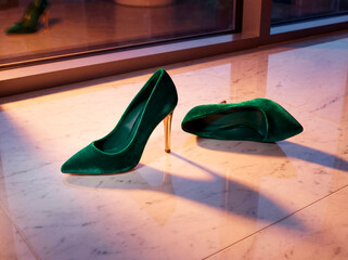 Elegant green high-heel shoes on a white marble floor Evening lighting creates long luxurious shadows with a premium fashion editorial mood.