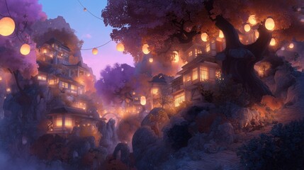 Obraz premium Beautiful hillside village illuminated by lanterns during twilight