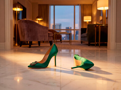 Elegant green high-heel shoes on a white marble floor, one standing upright on the luxury room background. Evening lighting creates long luxurious shadows with a premium fashion editorial mood.
