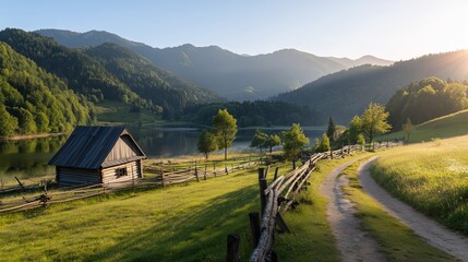Scenic morning view of a rustic cabin by a peaceful lake in the mountains