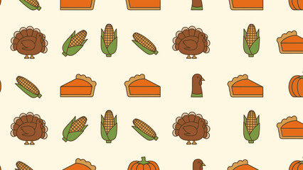 A repeating pattern featuring Thanksgiving icons like turkeys, corn, and pumpkin pie.
