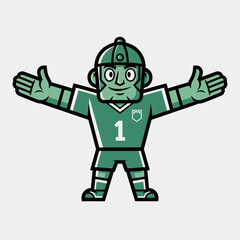 Cartoon illustration of a green soccer goalkeeper mascot with outstretched arms and number one on jersey.
