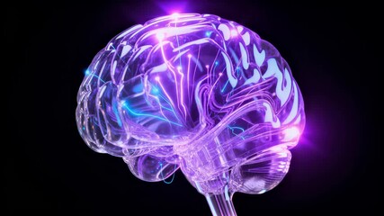 Transparent glass human brain model filled with luminous optical fibers and electrical impulses rotating in dark - Powered by Adobe